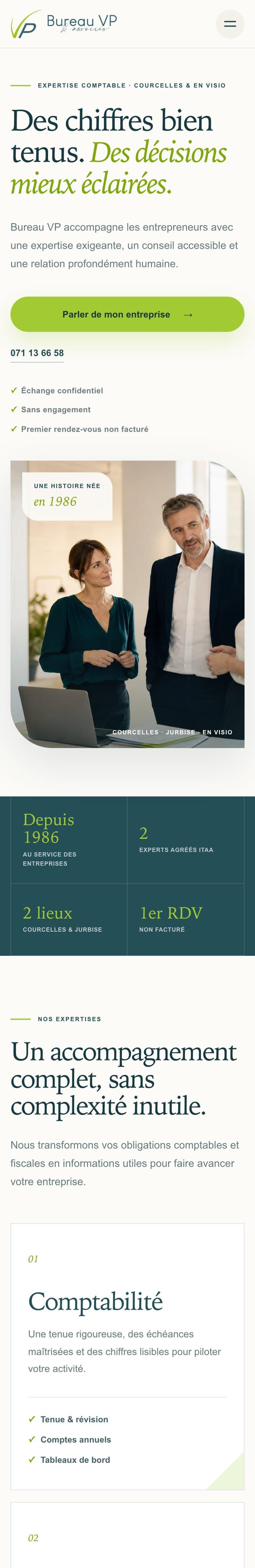 Page d’accueil du site Bureau VP et associés sur téléphone