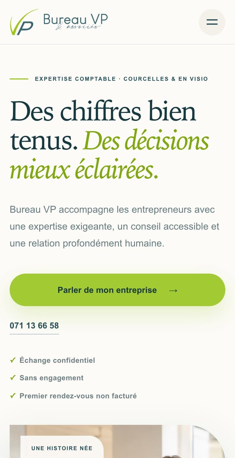 Page d’accueil du site Bureau VP et associés sur téléphone