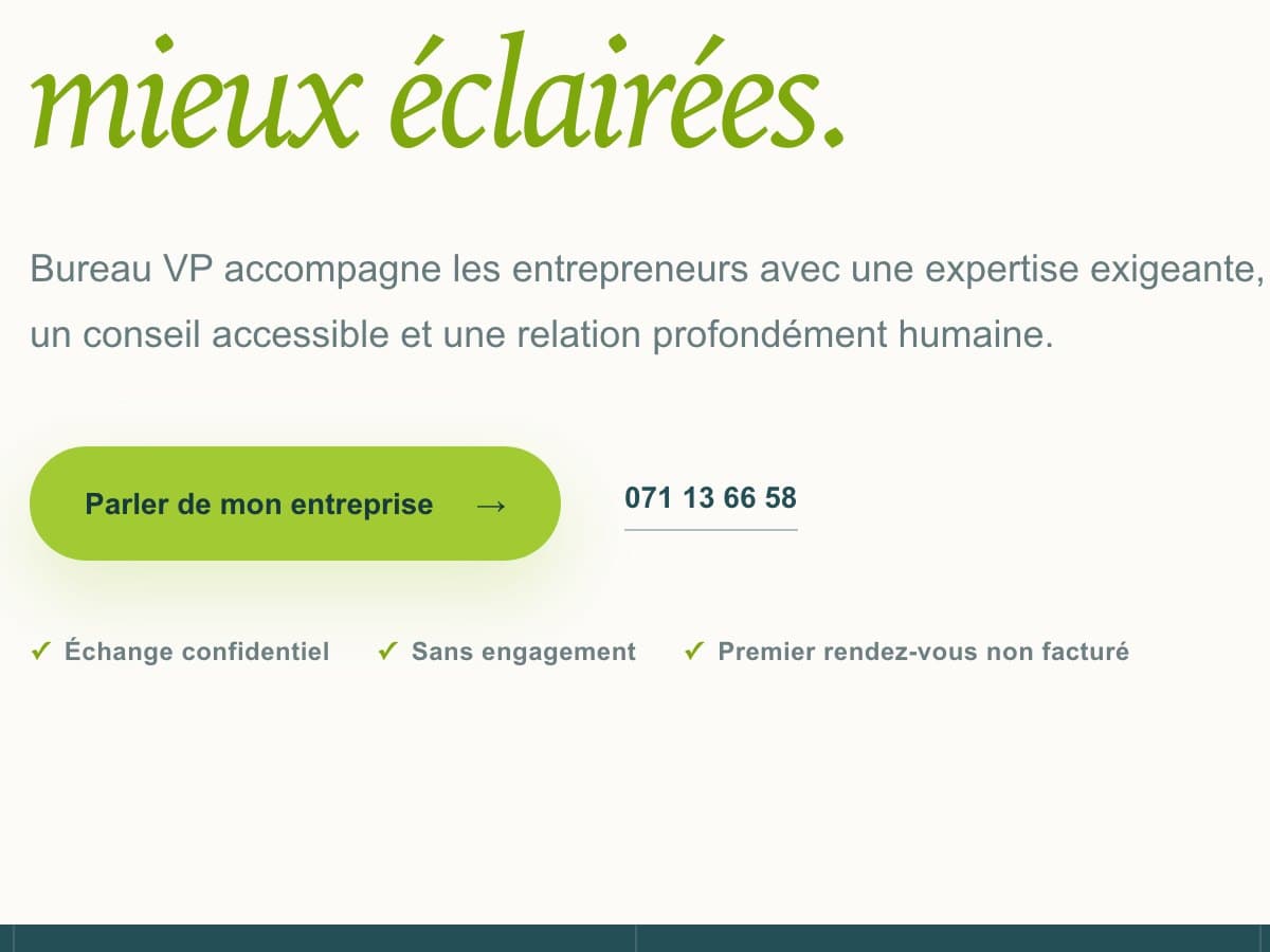Le bouton de contact de la page d’accueil de Bureau VP et associés, vu de près
